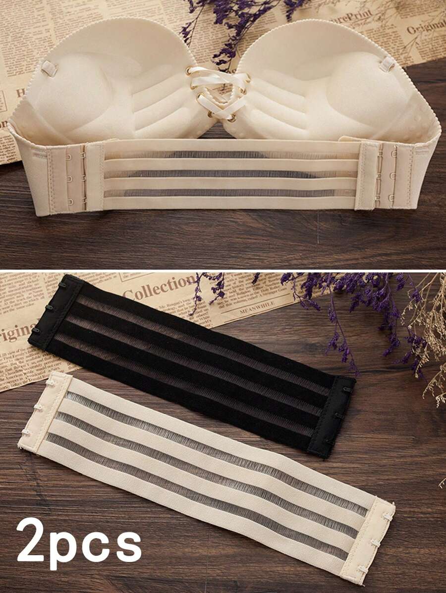 2入組胸圍增長扣帶,彈性柔軟的裸色胸圍背部固定扣帶,魚骨無肩帶增強型無肩帶胸圍固定帶,可伸縮的胸圍背帶,3個扣子,女性內衣配件（只有扣帶） - 杏色+黑色 - 查看 1
