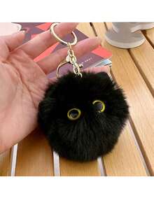 1只手工製作的毛絨貓鑰匙扣,適用於女孩,可愛的後背包配飾 - 黑色 - 查看 5