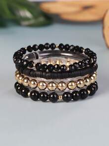 4 件/套波西米亞串珠和軟黏土多層手工手鍊首飾 - 黑色 - 查看 2