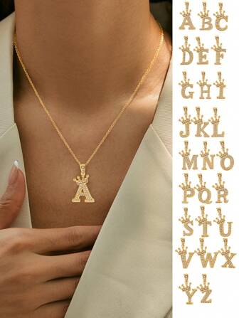 SYMFNY 925銀26個英文字母時尚皇冠吊墜項鍊豪華字母項鍊首飾