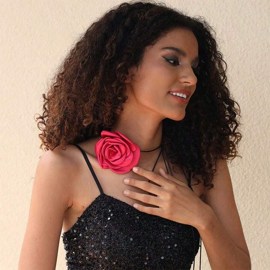 歐美哥德風手工織花領帶項鍊,性感誘人的蠟繩頸鏈 - 紅色 - 查看 1