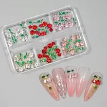 6-Grid Box Containing 24pcs 3D Red Cherry Nail Decorations, DIY Alloy Rhinestone Nail Art Accessories, Valentine's Day Gifts, Gifts For Friends And Girlfriends, Makeup And Styling Supplies, Suitable For Enhancing The Charm Of Women's Nails, Nail Art Supplies, Essential Nail Art Supplies For Nail Artists.