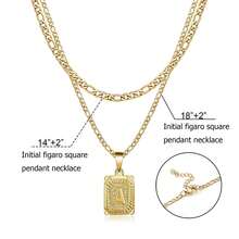 2PCS Gold Layered Necklace Set For Women Girls Dainty Choker Gold Filled Stainless Steel Figaro Chain Layering Necklaces Jewelry Gifts Square Pendant Letter A-Z - Gold - View 1