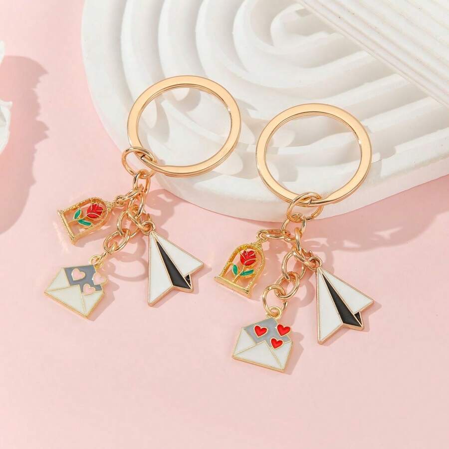 1pc Ladies' New Creative Love & Envelope & Paper Plane Pattern Design Keychain With Metallic Rose Charm And Oil Drop Detail, Ideal For Gifting To Friends And Sisters - Multicolor - View 1