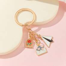 1pc Ladies' New Creative Love & Envelope & Paper Plane Pattern Design Keychain With Metallic Rose Charm And Oil Drop Detail, Ideal For Gifting To Friends And Sisters - Multicolor - View 4