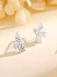 1對925銀鳥形耳釘,鑲有方形氧化鋯,創意情人節女友禮物 - 銀色 - 查看 3