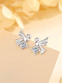 1對925銀鳥形耳釘,鑲有方形氧化鋯,創意情人節女友禮物 - 銀色 - 查看 4