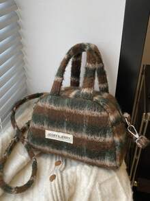 复古简约格子羊毛斜挎包，配毛茸茸装饰，可作为单肩包、手提包 - 咖啡棕 - 查看 1