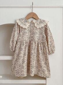 Young Girl's Spring & Autumn Long Sleeve Floral Dress With Lace Details And Peter Pan Collar