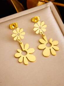 1pair Gold-Plated Titanium Steel Open Flower Pendant Long Earrings - Flowers - View 2