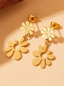 1pair Gold-Plated Titanium Steel Open Flower Pendant Long Earrings - Flowers - View 4