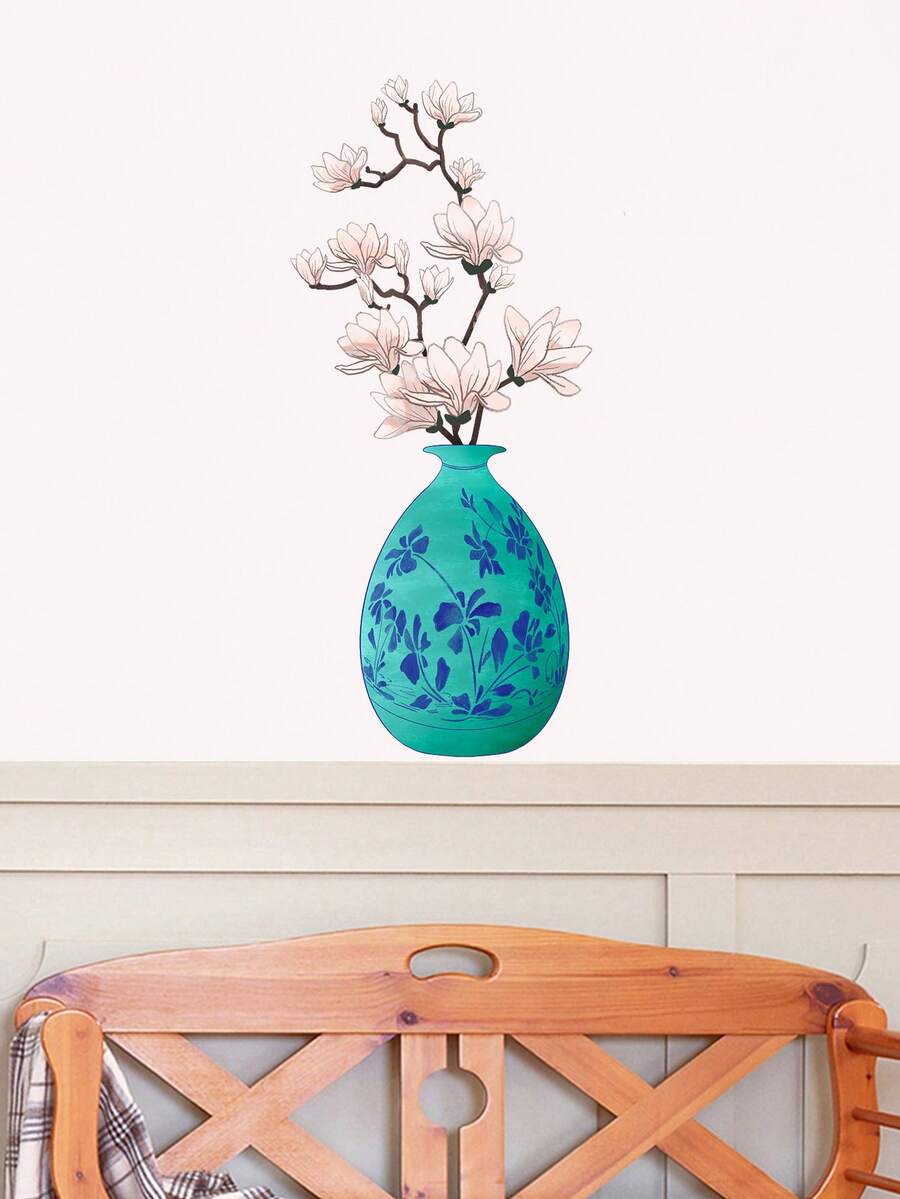 1pc New Design Watercolor Style Flower Vase & Peach Blossom Pvc Plant & Floral Removable Self-Adhesive Wall Sticker - Multicolor - View 1