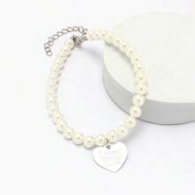 心形吊墜假珍珠寵物項鍊 - 白色 - 查看 2