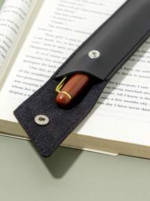 Quick-Open Button Pen Case, Portable Pu Leather Single Slot Pencil Holder For Business/ Student Use, Unisex - Black - View 5