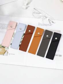 Quick-Open Button Pen Case, Portable Pu Leather Single Slot Pencil Holder For Business/ Student Use, Unisex - Black - View 1