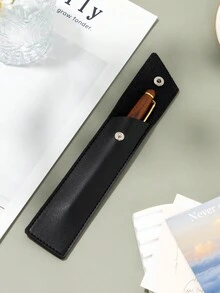 Quick-Open Button Pen Case, Portable Pu Leather Single Slot Pencil Holder For Business/ Student Use, Unisex - Black - View 3