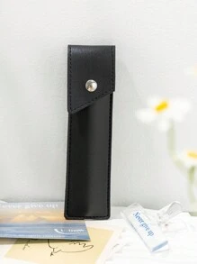 Quick-Open Button Pen Case, Portable Pu Leather Single Slot Pencil Holder For Business/ Student Use, Unisex - Black - View 4