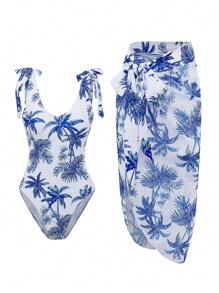 Women's Coconut Tree Print One Piece Swimsuit Set Summer