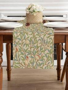 1pc Vintage Flower & Bird Table Runner, Blue-Green Rectangular Decorative Cloth For Kitchen, Dining Room, Home, Holiday Parties, Wedding, Machine Washable, 72*13 Inches - Flower C - View 4
