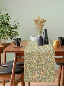 1pc Vintage Flower & Bird Table Runner, Blue-Green Rectangular Decorative Cloth For Kitchen, Dining Room, Home, Holiday Parties, Wedding, Machine Washable, 72*13 Inches - Flower C - View 1