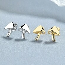 925 純銀 1 對蘑菇設計閃亮鑲嵌耳環女式可愛簡約風格精緻女性禮物 - 均碼 - 查看 1