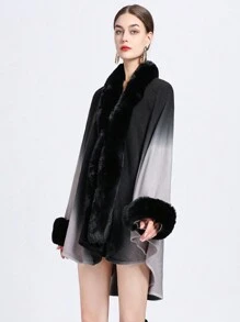女裝加大尺碼有領針織開衫,漸變斗篷披肩外套 - 黑色 - 查看 2