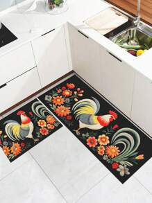 1pc Floral Rooster Printed Kitchen Mat, Beautiful Polyester Rectangular Kitchen Rug Suitable For Home Use - Black - View 5