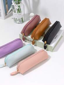 Leather Zipper Pen Case Brown Multi-Compartment Ballpoint Pen Organizer Pu Leather Pencil Pouch - Brown - View 9