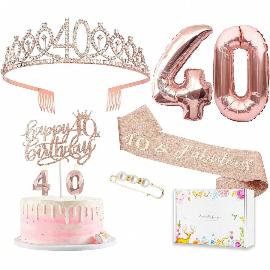 40th Birthday Gifts Decorations For Women, Including 40th Happy Birthday Cake Toppers, Birthday Queen Sash With Pearl Pin, Sweet Rhinestone Tiara Crown, Number Candles And Balloons Set - rose gold - View 1
