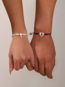 2件組時尚精美心型鑰匙編織手鍊套裝情侶日常生活 - 彩色 - 查看 6