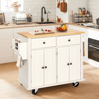 VOWNER 43.3'' Wide Rolling Kitchen Island With Storage And Lockable Wheels, Microwave Table With Towel Rack For Living Room, White