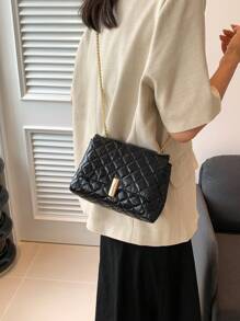 刺繡格紋時尚鏈單肩包女大學生優雅大氣購物度假 - 黑色 - 查看 5