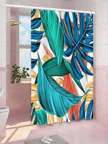 1pc Tropical Leaves Printed Shower Curtain, Modern Polyester Waterproof Square Bathroom Curtain For Home Decor - Multicolor - View 5