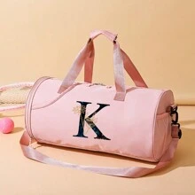 休闲时尚字母图案旅行包，尼龙材质耐磨，防溅，大容量单肩包，多个口袋区域合理，独立鞋隔层干湿分离，女士简约瑜伽/游泳/健身包，商务旅行/度假休闲挎包，学生大学服装收纳包，产妇医院包分娩健身包大包过夜包运动包学校包度假包 - 粉色 - 查看 1