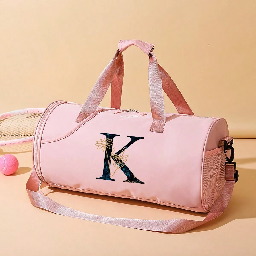 休闲时尚字母图案旅行包，尼龙材质耐磨，防溅，大容量单肩包，多个口袋区域合理，独立鞋隔层干湿分离，女士简约瑜伽/游泳/健身包，商务旅行/度假休闲挎包，学生大学服装收纳包，产妇医院包分娩健身包大包过夜包运动包学校包度假包 - 粉色 - 查看 1