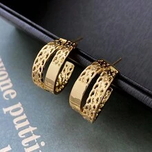 1對雙層空心圓環耳環 - 金色 - 查看 2