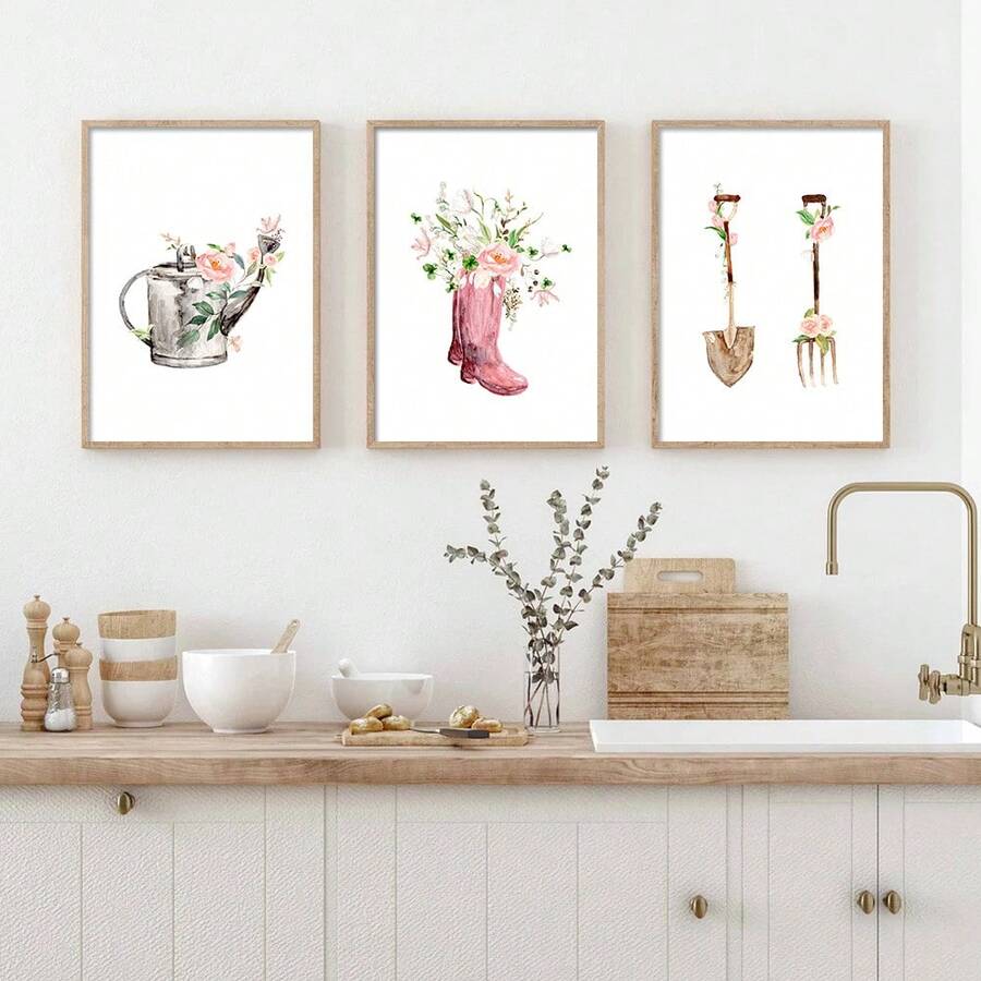 3入組水彩春季花卉農具藝術海報,鄉村別墅裝飾畫布印刷現代極簡家居裝飾,無框架 - 杏色 - 查看 1