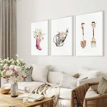 3入組水彩春季花卉農具藝術海報,鄉村別墅裝飾畫布印刷現代極簡家居裝飾,無框架 - 杏色 - 查看 2