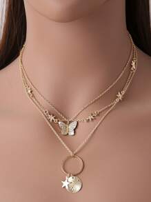1 件金色圓形圓盤和蝴蝶吊墜多層項鍊女式 - 金黃色 - 查看 1
