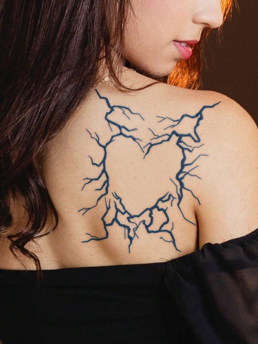 1pc Blue Herbal Temporary Tattoo Sticker With Love & Lightning Design, Lasts 7-14 Days, And Safe, For Arm, Chest, Abdomen, Back, Etc. - Black - View 1