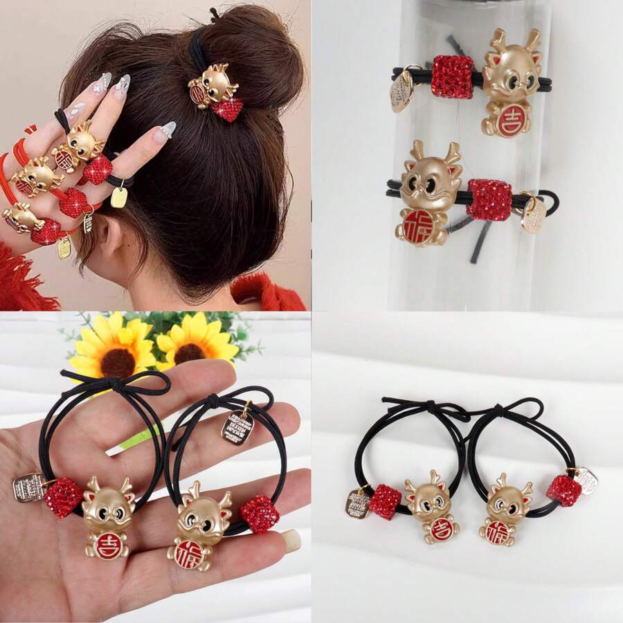 2pcs Children's Chinese Style New Year Hair Ties For Girls, Ropes With Year Of The Dragon Decoration - Black - View 1