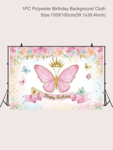 1 件粉色蝴蝶花生日涤纶横幅，带有“生日快乐”，背景布完美装饰生日派对、生日成人仪式淋浴家庭节日派对房间墙壁装饰、户外派对围栏装饰 - 彩色 - 查看 6