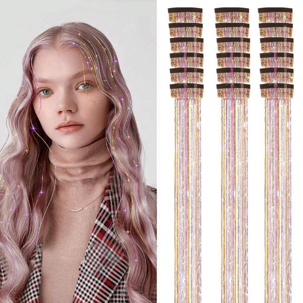 18 Pcs Clip In Hair Tinsel 20 Inch Glitter Tinsel Hair Extensions Kit