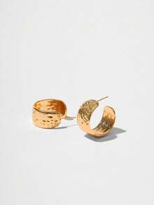 1pair French Fold Design Textured Wide Face Vintage C-Shaped Earrings, Suitable For Women's Daily Wear And Party - Gold - View 3