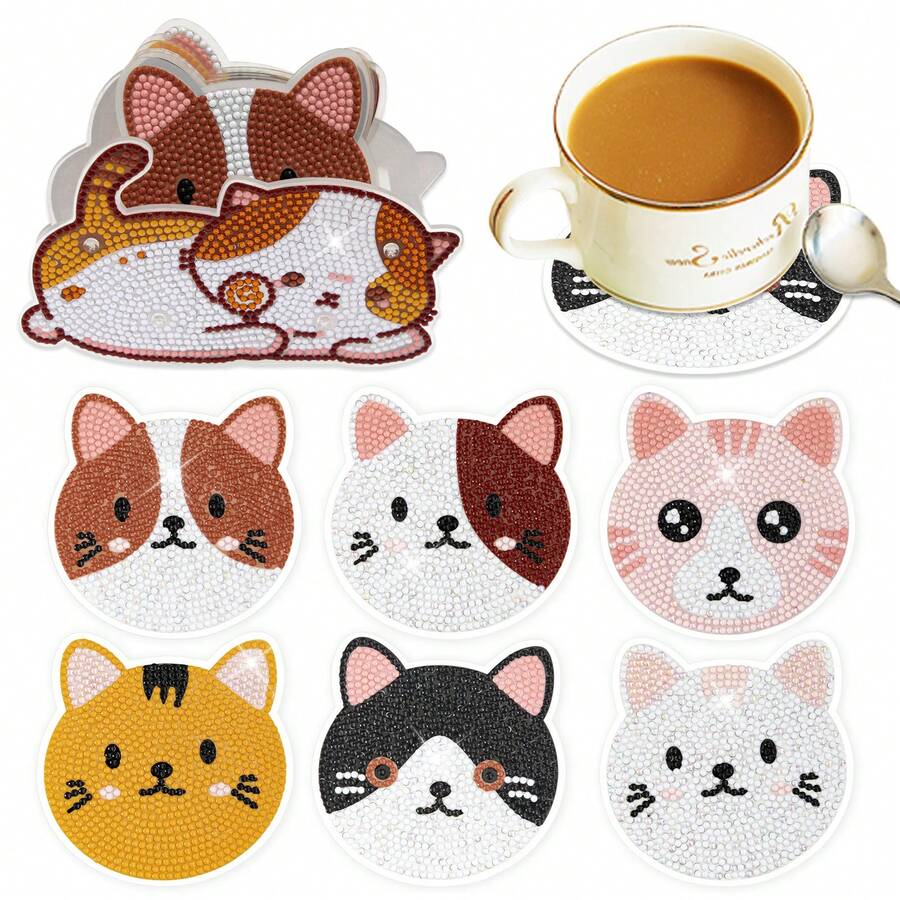 6入組貓頭鑽石繪畫隨行杯墊套件,diy貓頭鑽石藝術杯墊附座子,防滑杯墊適用於成人兒童藝術工藝用品假日禮物 - 彩色 - 查看 1