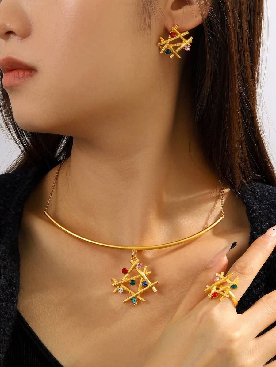 1set Luxury Style Copper Alloy Rhinestone Inlaid Stud Earrings, Ring, Necklace Jewelry Set Suitable For Women's Daily Wear - Yellow Gold - View 1