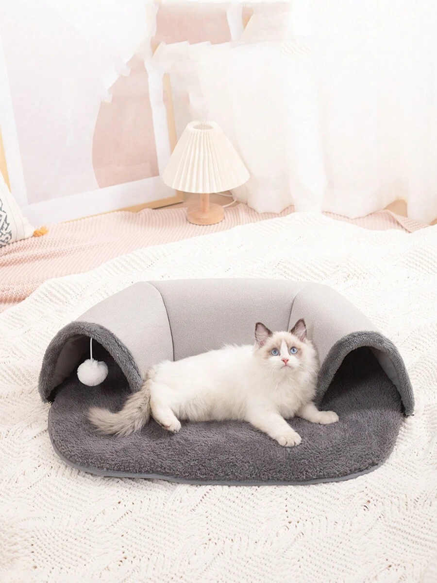 1入秋冬季長毛絨貓窩,隧道玩具,小型至中型寵物沙發蓆 - 灰色 - 查看 1