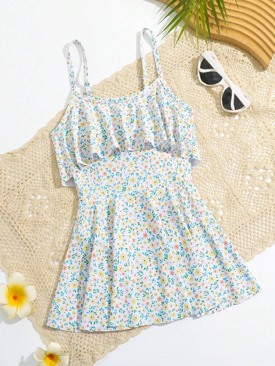 Tween Girl One-Piece Swimsuit With Pink Floral Print And Built-In Chest Pad - Multicolor - View 1