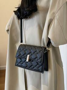 1個轉鎖扣帶蓋實色鑽石圖案復古方形包,時尚的斜挎肩包,適用於女性日常和約會使用,當作禮物也很適合 - 黑色 - 查看 4