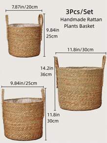 3pcs Handmade Woven Decoration Flower Basket With Plastic Liner, For Home Planting - Camel - View 2